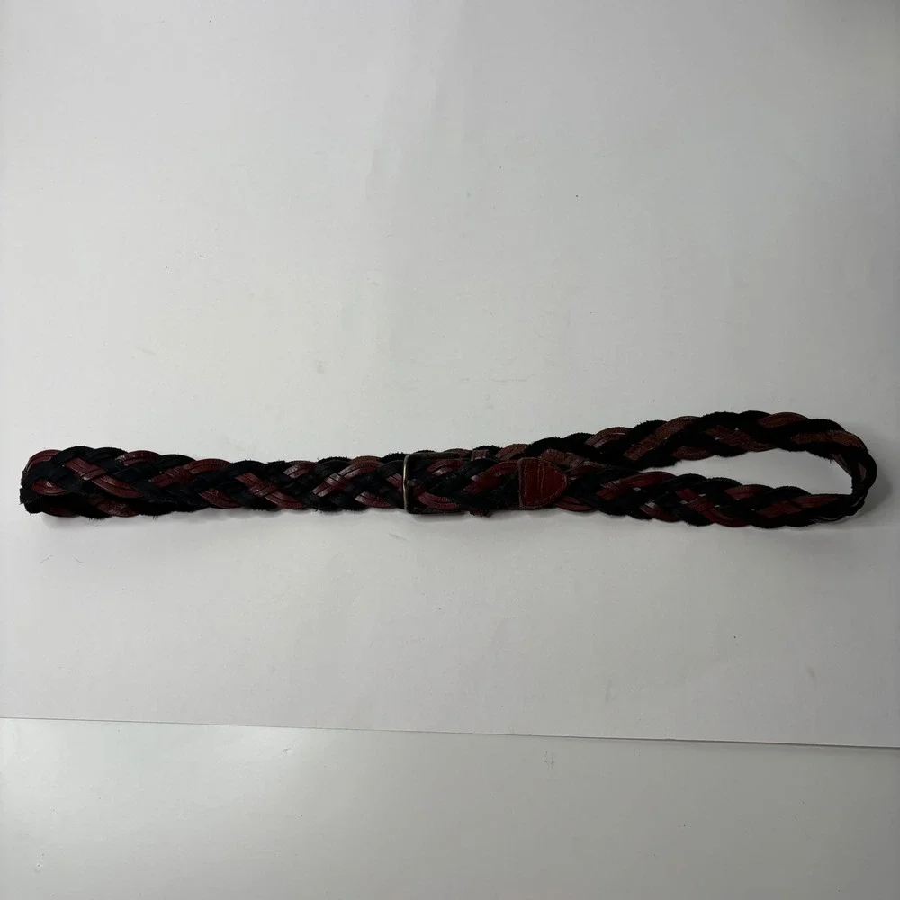 Vintage Braided Leather Belt Brown Black Two Tone Woven Brass Buckle Size 36